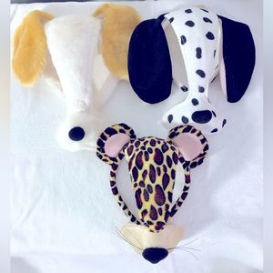 3 Animal Masks w Ears. Cute! Fuzzy!Furry! Leopard, Dalmatian & Tan/White Dog.